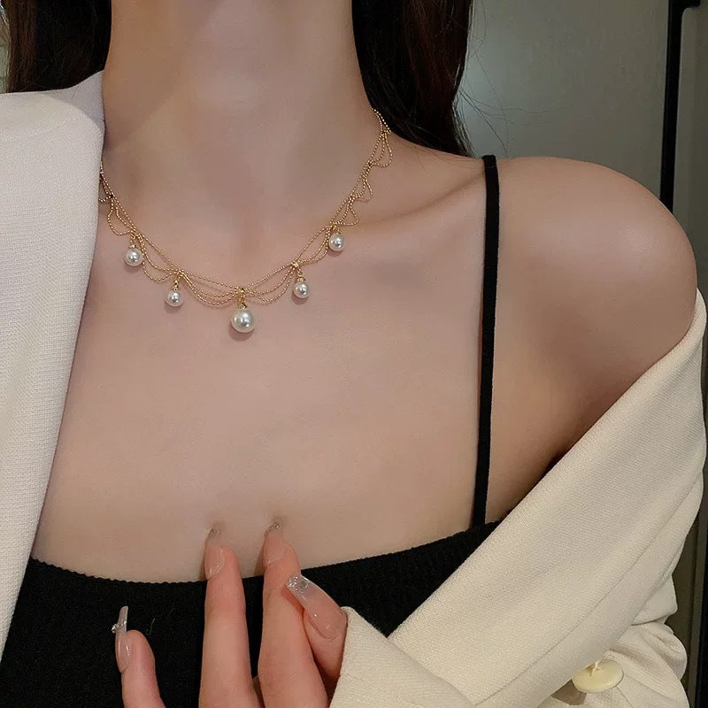 Korean Vintage Pearl Tassel Floral Bow Choker Necklace