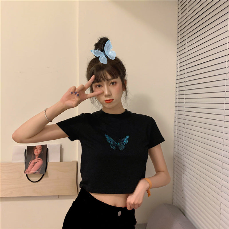 Summer Butterfly Print Short Sleeve T-Shirt for Women