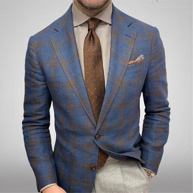 Men’s Plaid Business Blazer – Long Sleeve Spring & Fall Formal Jacket, S–3XL