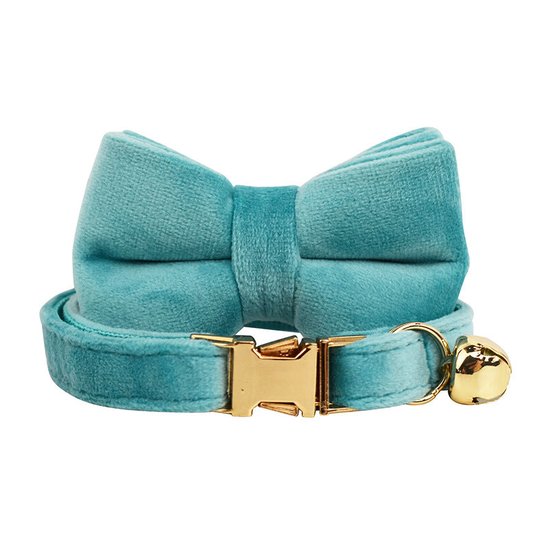 Turquoise Velvet Cat Collar with Bow & Bell – Soft Luxury Collar Set for Cats