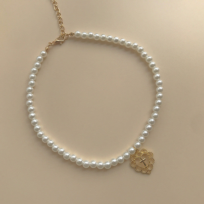 Retro Women's Heart Cross Pendant Pearl Choker Necklace