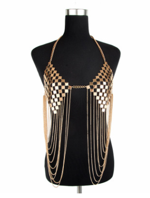 Women’s Geometric Metal Chest Body Chain – Gold & Silver Heart Statement Necklace, 221g