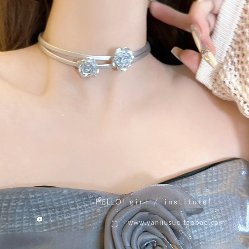 Silver Rose Choker Necklace for Women - Layered Design