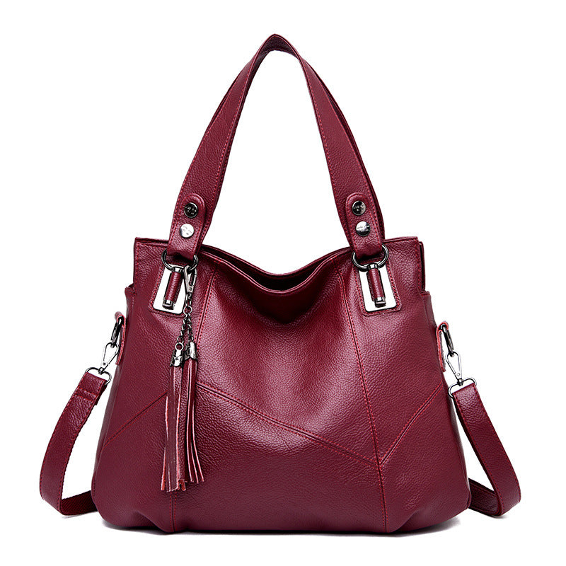 Fashionable Soft Leather Large Shoulder Bag for Women – Spacious Lychee Texture PU Handbag with Fringe Detail