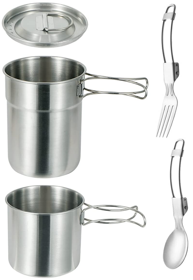 Camping Cookware Set – 2-Piece 304 Stainless Steel Pots with Spoon & Fork