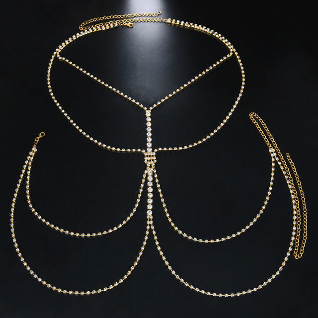 Women’s Rhinestone Chest Body Chain – Lightweight Gold & Silver Diamond-Studded Statement Jewelry