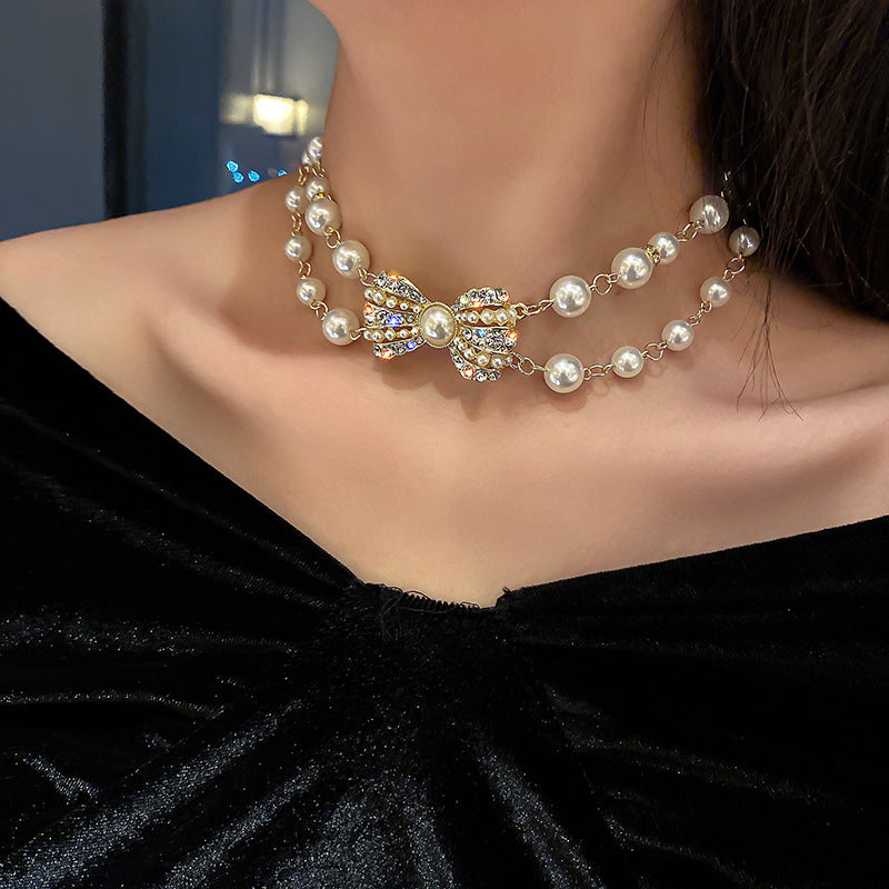 Korean Vintage Pearl Tassel Floral Bow Choker Necklace