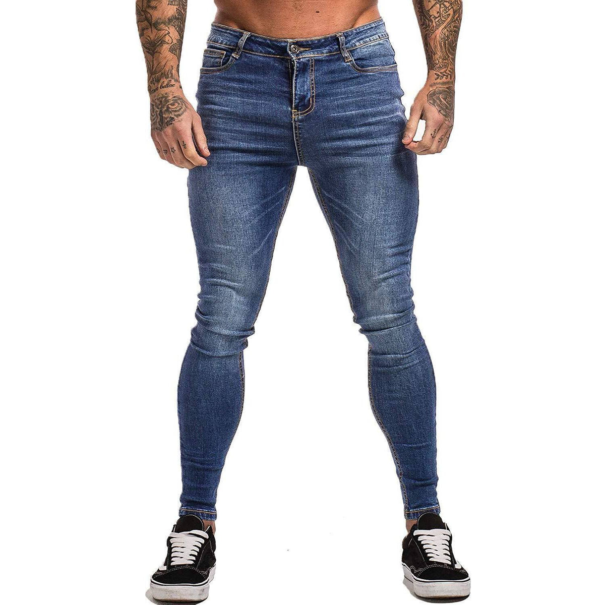 Men’s Blue Slim-Fit Stretch Skinny Jeans – Low-Waist Straight Denim in Black, Blue, Grey & Dark Blue, S–3XL