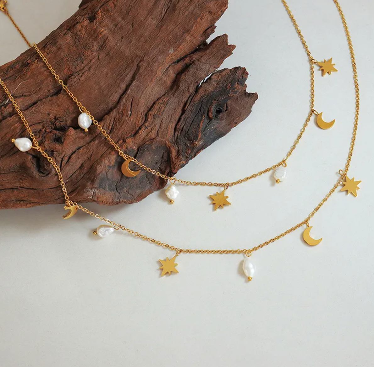 Women’s Star & Moon Tassel Necklace – Gold Titanium Steel Celestial Jewelry