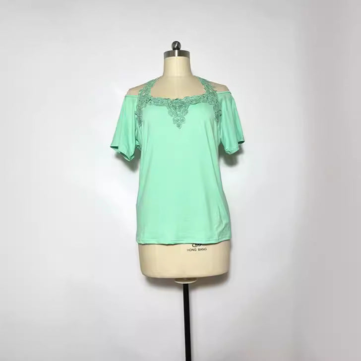 V-Neck Patchwork Lace Casual Loose T-Shirt for Women