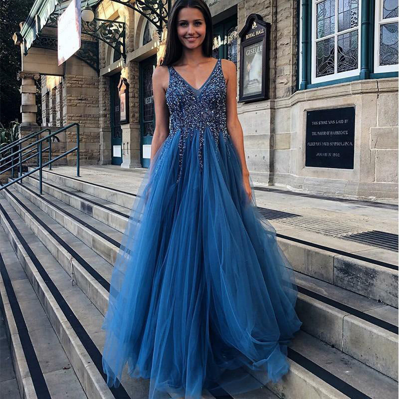 Women’s V-Neck Tulle Evening Gown – Elegant Floor-Length Formal Dress S–XXL