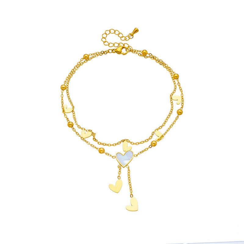 Trendy Layered Heart Pendant Chain Anklet in Titanium Steel