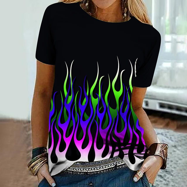 Women’s Colorful Flame 3D Print Oversized T-Shirt – Summer Streetwear Tee