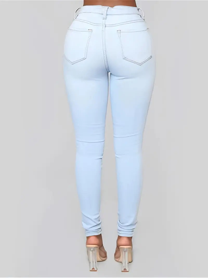 Women’s High-Rise Skinny Fit Stacked Jeans – Solid Color Pencil Denim, S–XXL