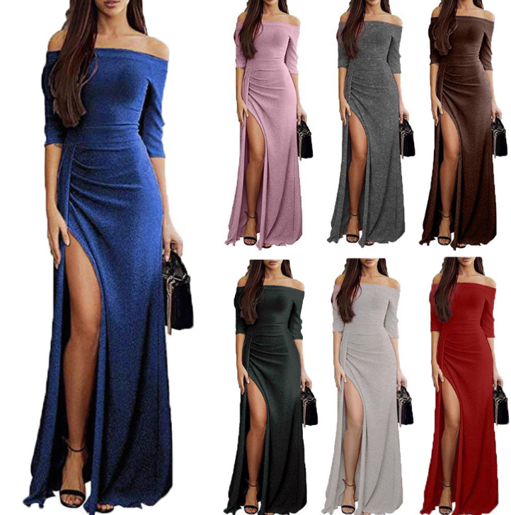 Women’s Off-Shoulder Sequin Evening Gown – Elegant Split Long Formal Dress S–3XL
