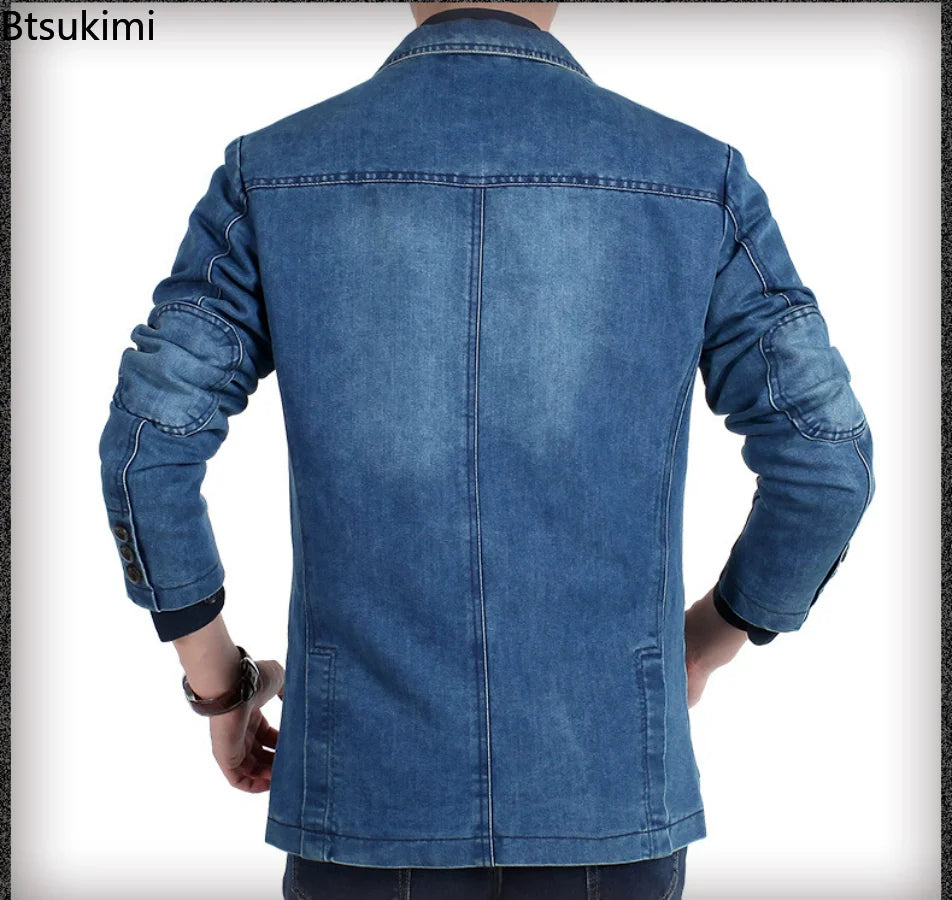 Men’s Slim-Fit Denim Suit Jacket – Modern Casual Formal Blazer