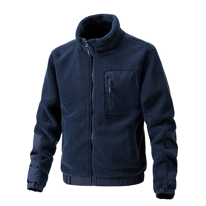 Men’s Autumn Winter Fleece Jacket with Stand Collar – Warm Casual Lamb Fleece Jacket