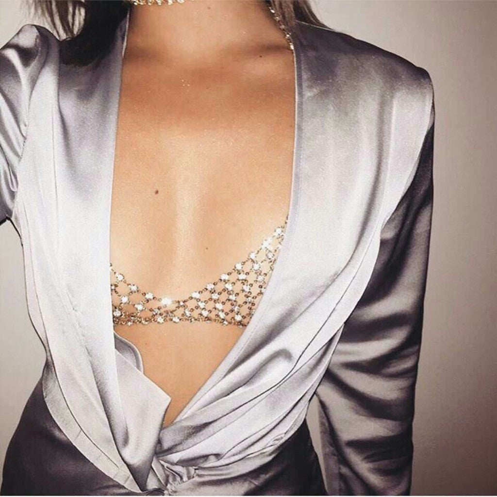 Women’s Rhinestone Chest Body Chain – Adjustable Handmade Statement Jewelry, Gold & Silver
