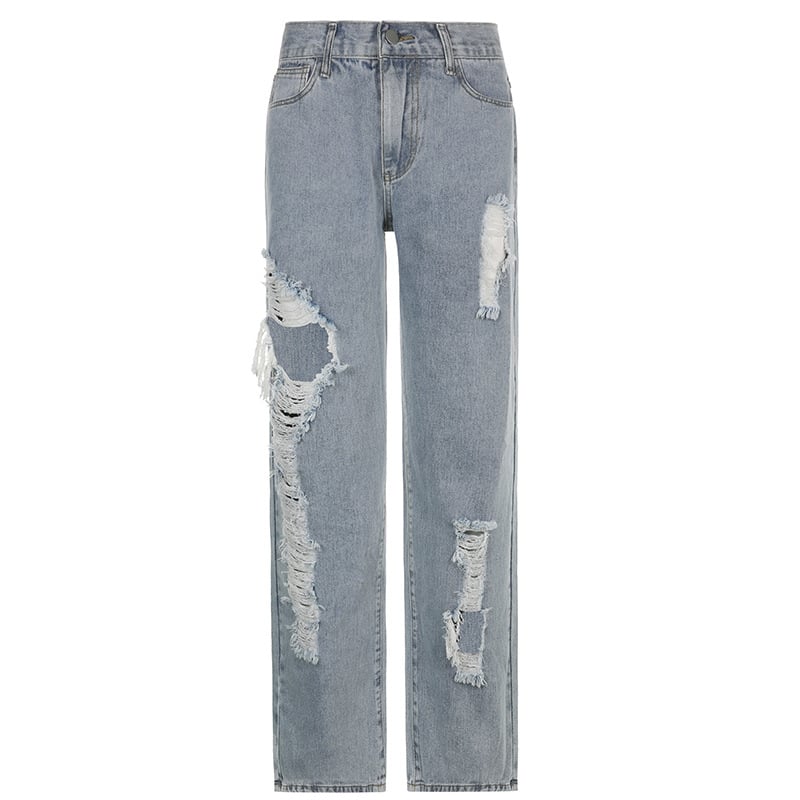 Women’s Low-Waist Ripped Loose Casual Jeans – Cotton-Blend Blue Distressed Denim, S–L