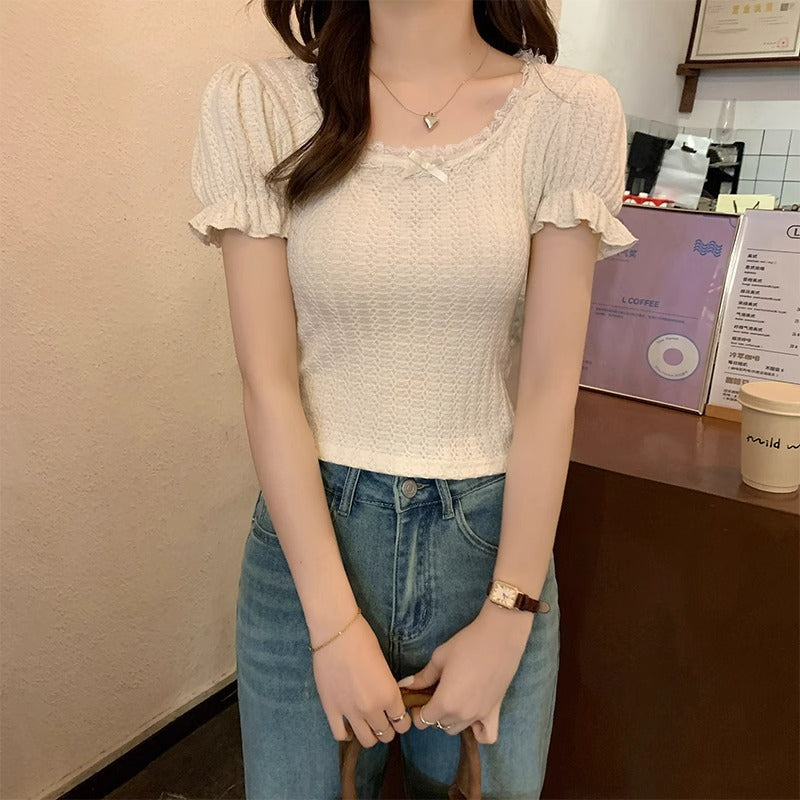 French Puff Sleeve T-Shirt for Women, Retro Chic Style