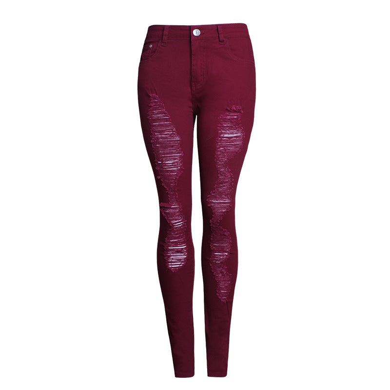 Women’s Ripped Skinny Jeans – High-Stretch Mid-Waist Wine Red Long Denim Pants, S–3XL