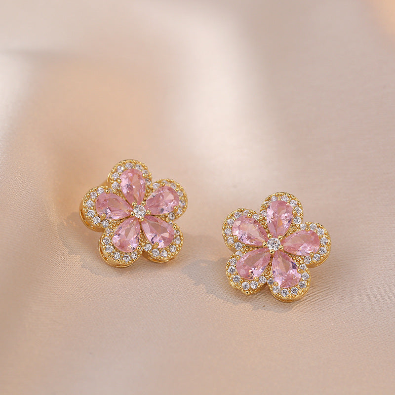 Pink Zircon Flower Necklace – Elegant Floral Pendant Jewelry for Women