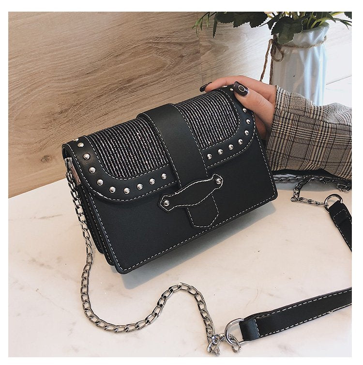Chic Korean Style Studded Shoulder Bag for Women – Composite Cowhide Small Square Crossbody Bag with Chain Strap