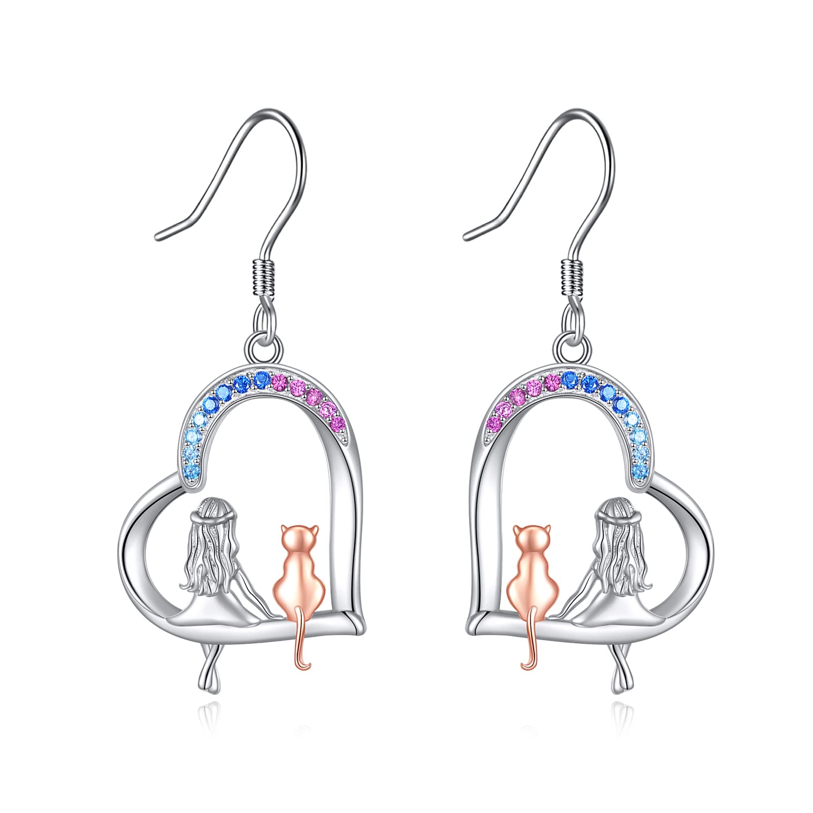 Cat Earrings for Women – Sterling Silver Heart-Shaped Drop Dangle
