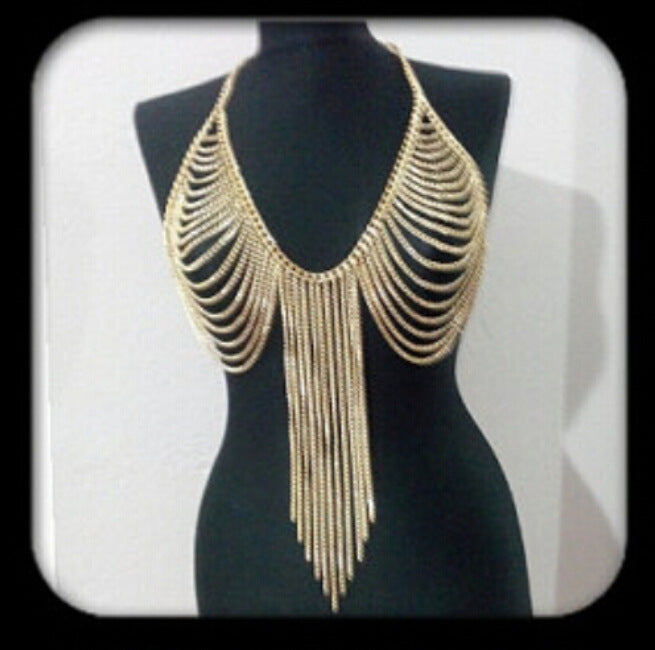 Women’s Geometric Chest Pendant Body Chain – Electroplated Statement Jewelry, White K, Gun Black & Gold