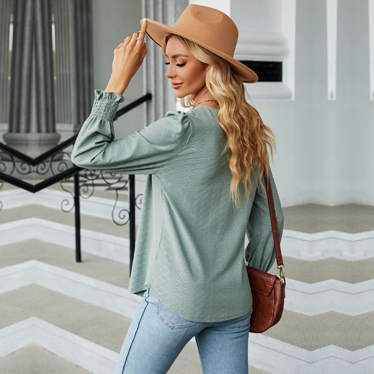 Jacquard Pleated Long-Sleeve Square Neck T-shirt for Women