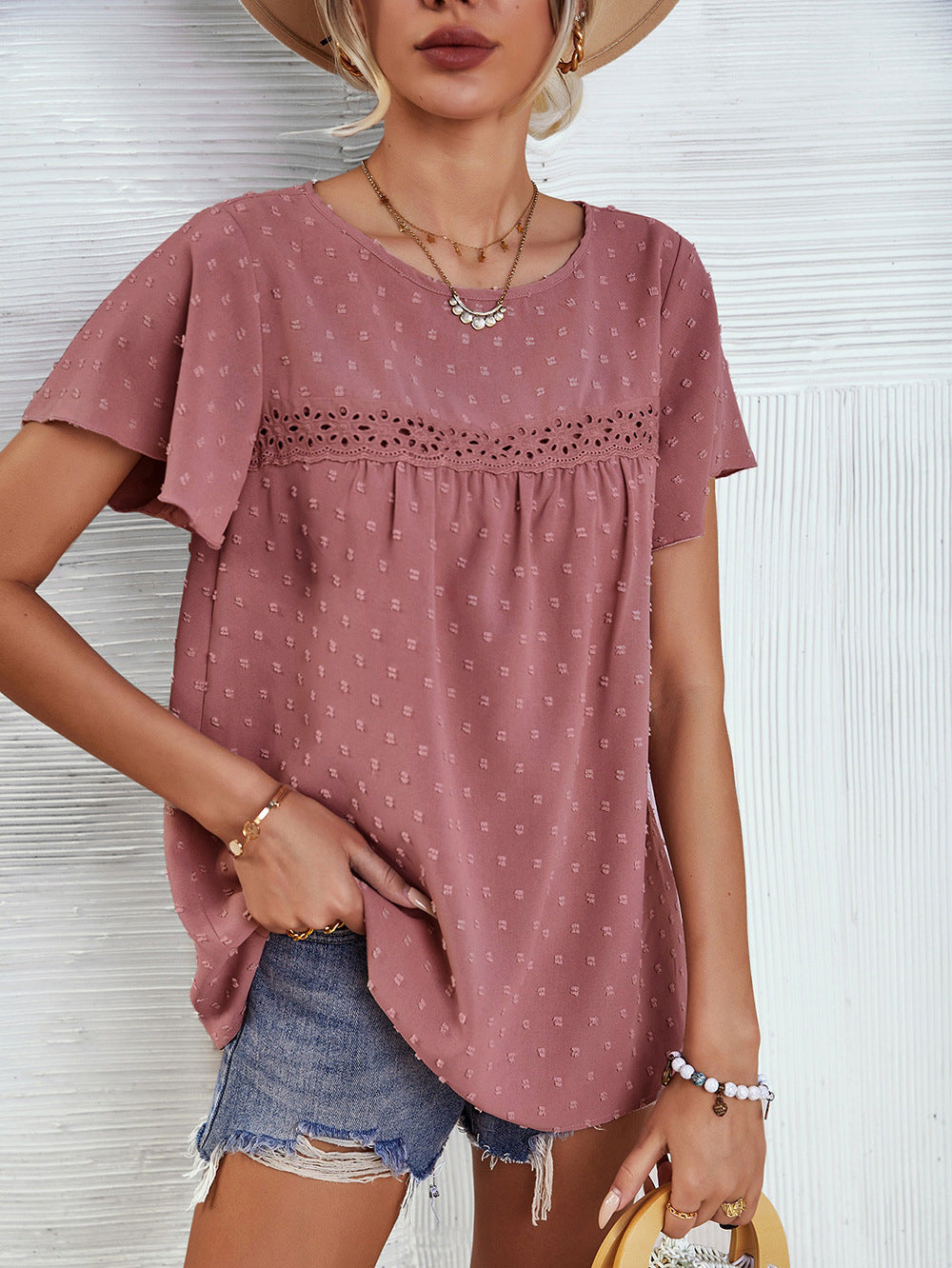 Women’s Solid Color Lace Babydoll Top – Short Sleeve Summer Blouse