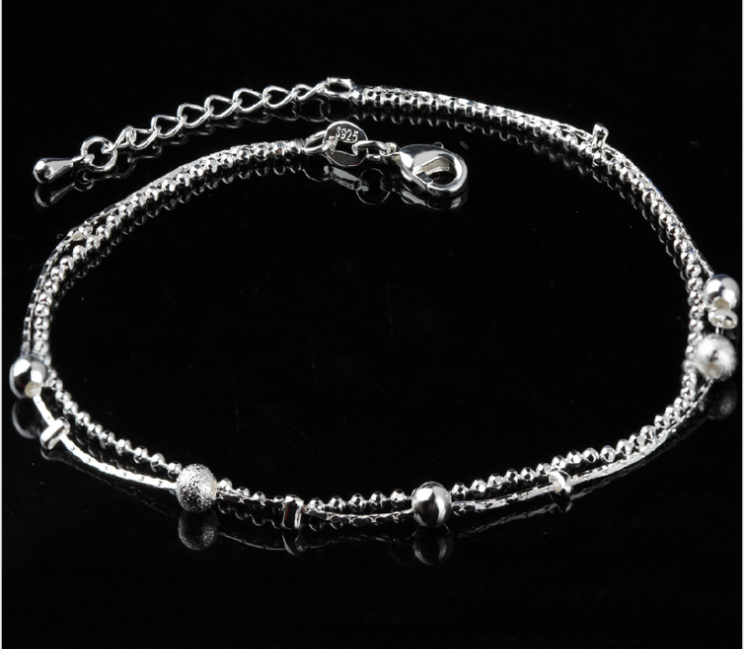 Silver Double Layer Star and Heart Charm Anklet