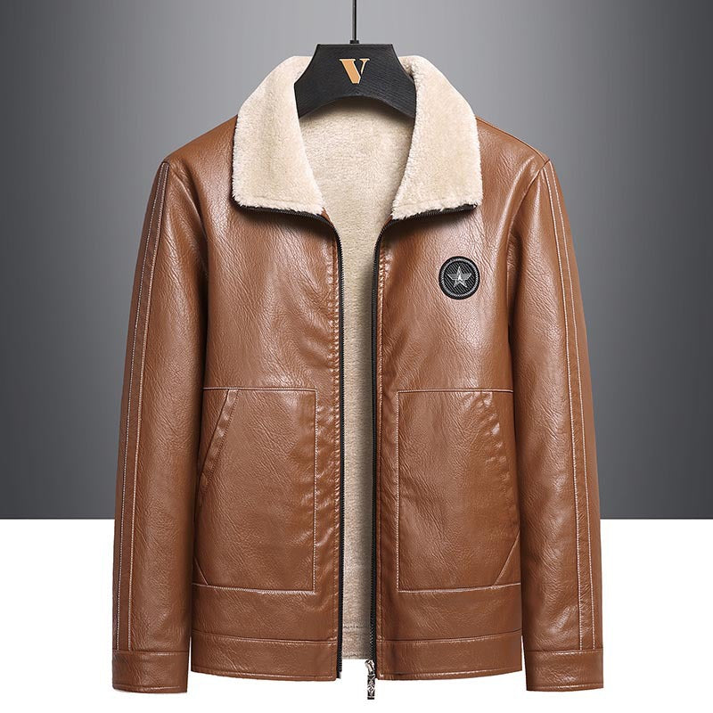Men’s Fleece Leather Jacket with Contrast Color Design – Casual Winter Jacket