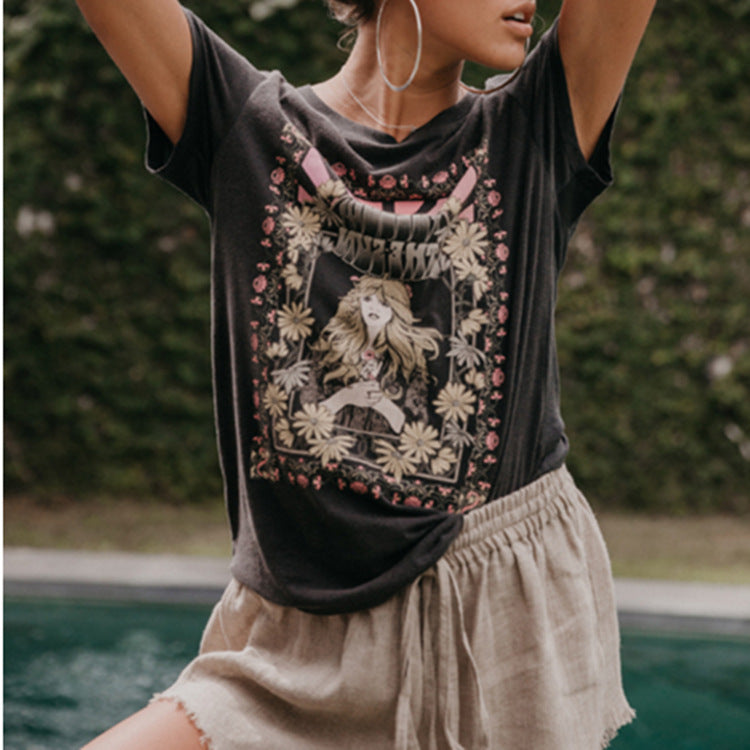 Angel Rose Print Short Sleeve T-Shirt for Women