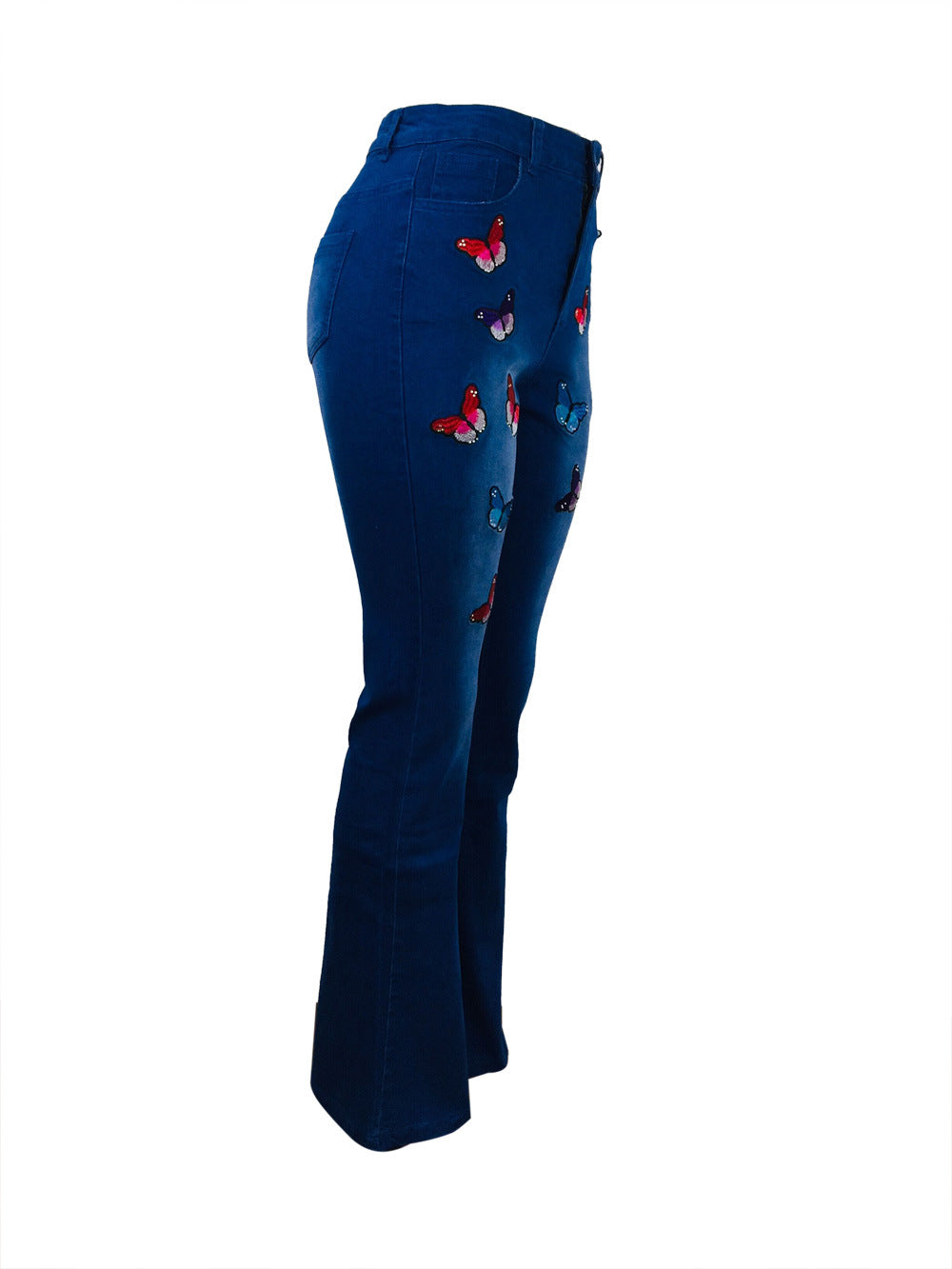 Women’s Embroidered Butterfly Rhinestone Flare Jeans – Blue Wide-Leg Statement Denim, S–3XL