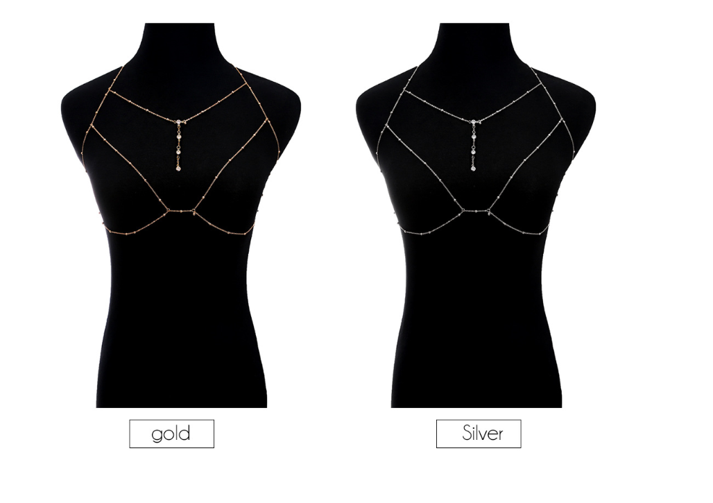 Women’s Rhinestone Tassel Body Chain – Gold & Silver Chest Chain Necklace Statement Jewelry