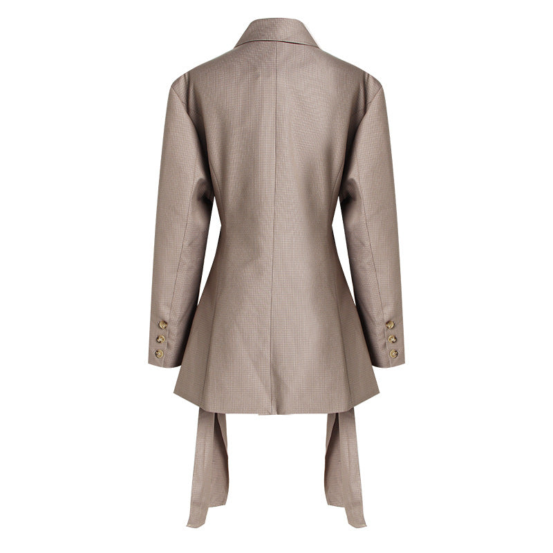 Women’s Designer Khaki Plaid Blazer – Slim-Fit Hollow-Out Long Tailored Jacket, S–L