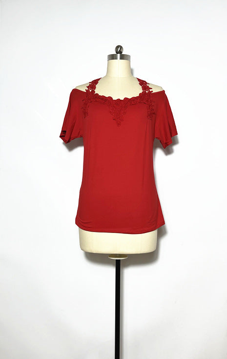 V-Neck Patchwork Lace Casual Loose T-Shirt for Women