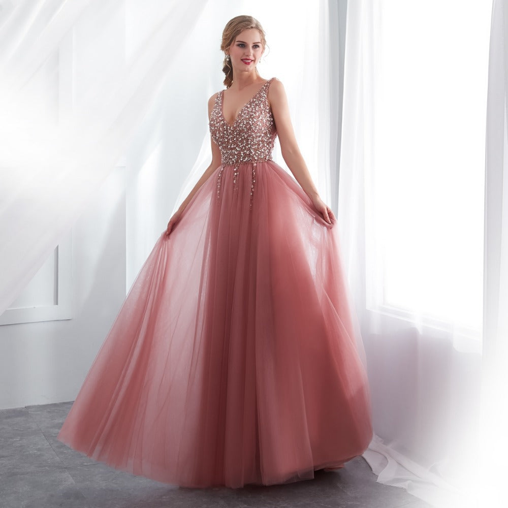 Women’s V-Neck Tulle Evening Gown – Elegant Floor-Length Formal Dress S–XXL