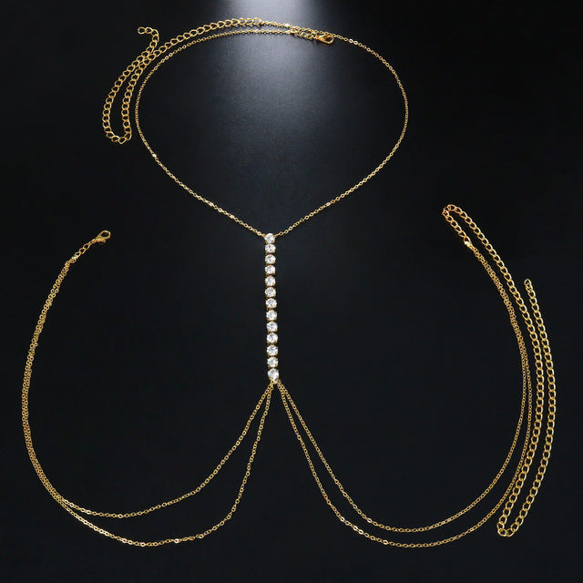 Women’s Rhinestone Chest Body Chain – Lightweight Gold & Silver Diamond-Studded Statement Jewelry