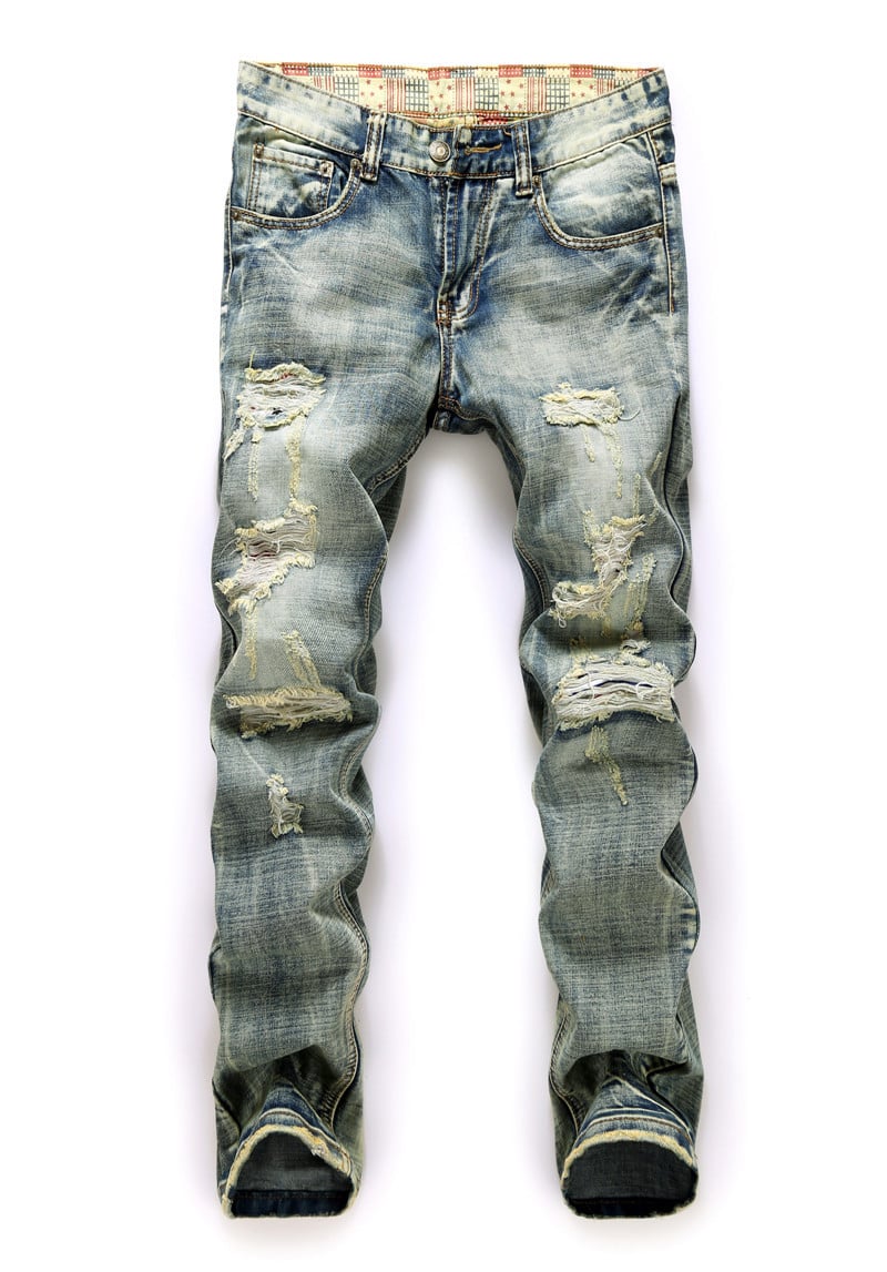 Destruction Print Men’s Mid-Rise Jeans – Stretch Pencil-Fit Light Blue Washed Denim with White Cat Print, Sizes 28–40