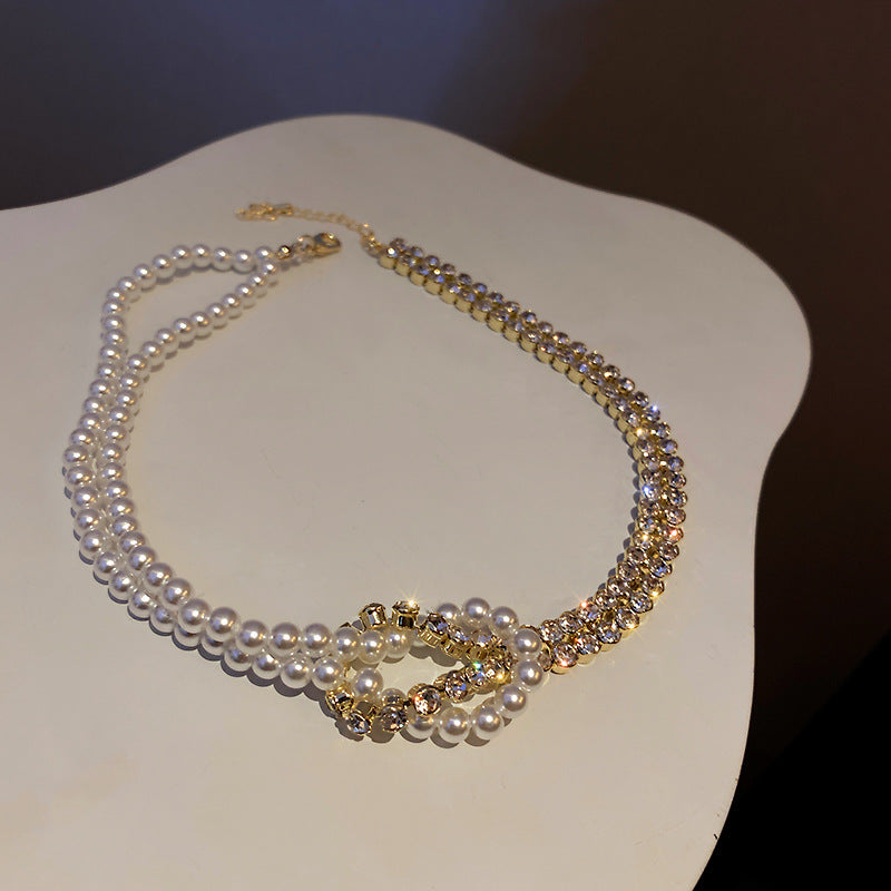 Korean Vintage Pearl Tassel Floral Bow Choker Necklace