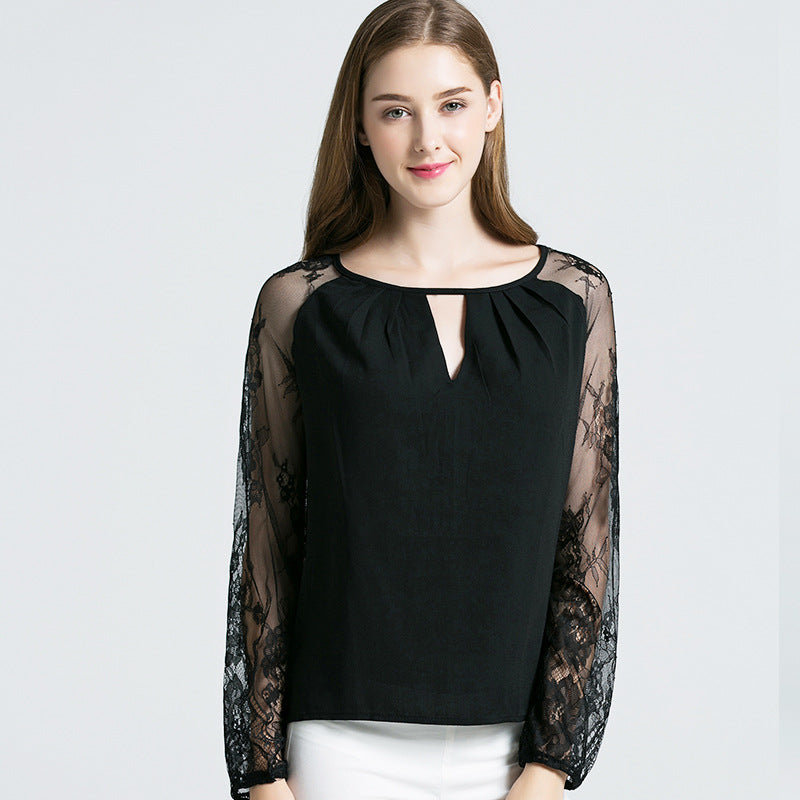 Lace Hollow Long Sleeve T-Shirt for Women (Loose Fit)