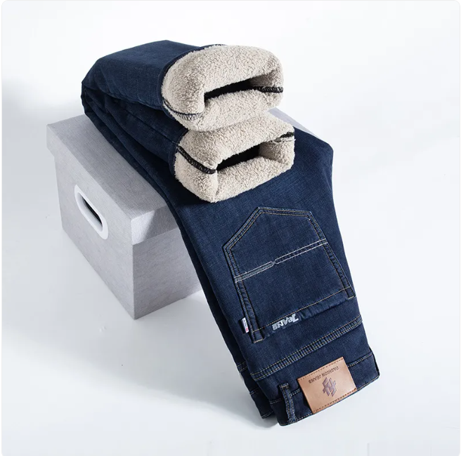 Men’s Fleece-Lined Straight-Leg Jeans – Cotton Mid-Waist Warm Winter Denim Pants, Sizes 29–40