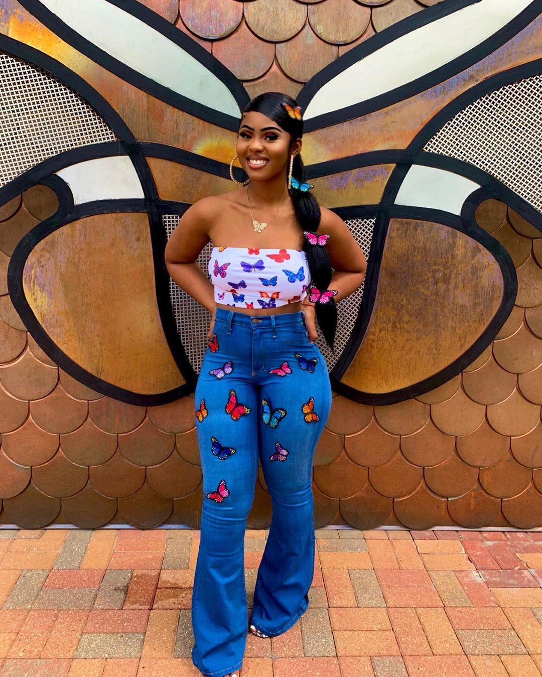 Women’s Embroidered Butterfly Rhinestone Flare Jeans – Blue Wide-Leg Statement Denim, S–3XL