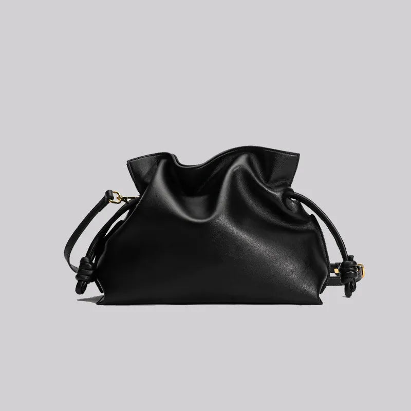Women’s Fashion Pleated Cowhide Bag – Elegant Genuine Leather Oval Shoulder Handbag
