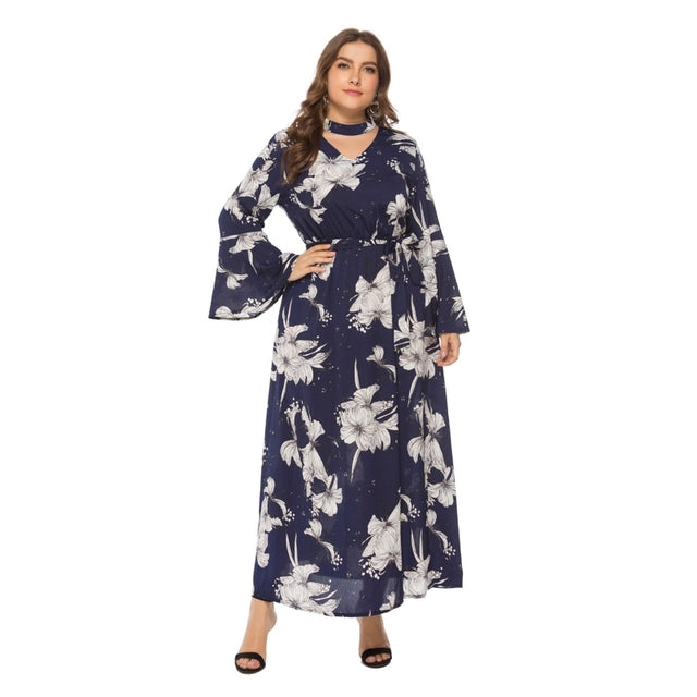 Plus Size Boho Floral Maxi Dress – Choker V-Neck Long Sleeve Dress XL–3XL