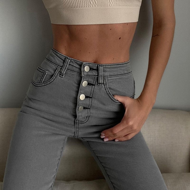 Women’s Exposed Straight-Leg Jeans – 100% Cotton High-Waist Denim in Black, Blue & Grey, XS–XL