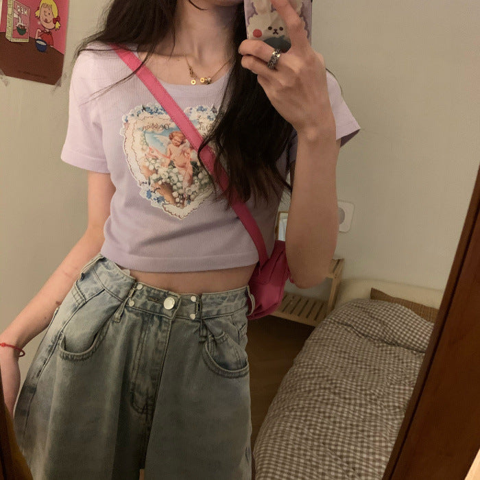 Angel Print Summer Short Sleeve T-shirt for Women