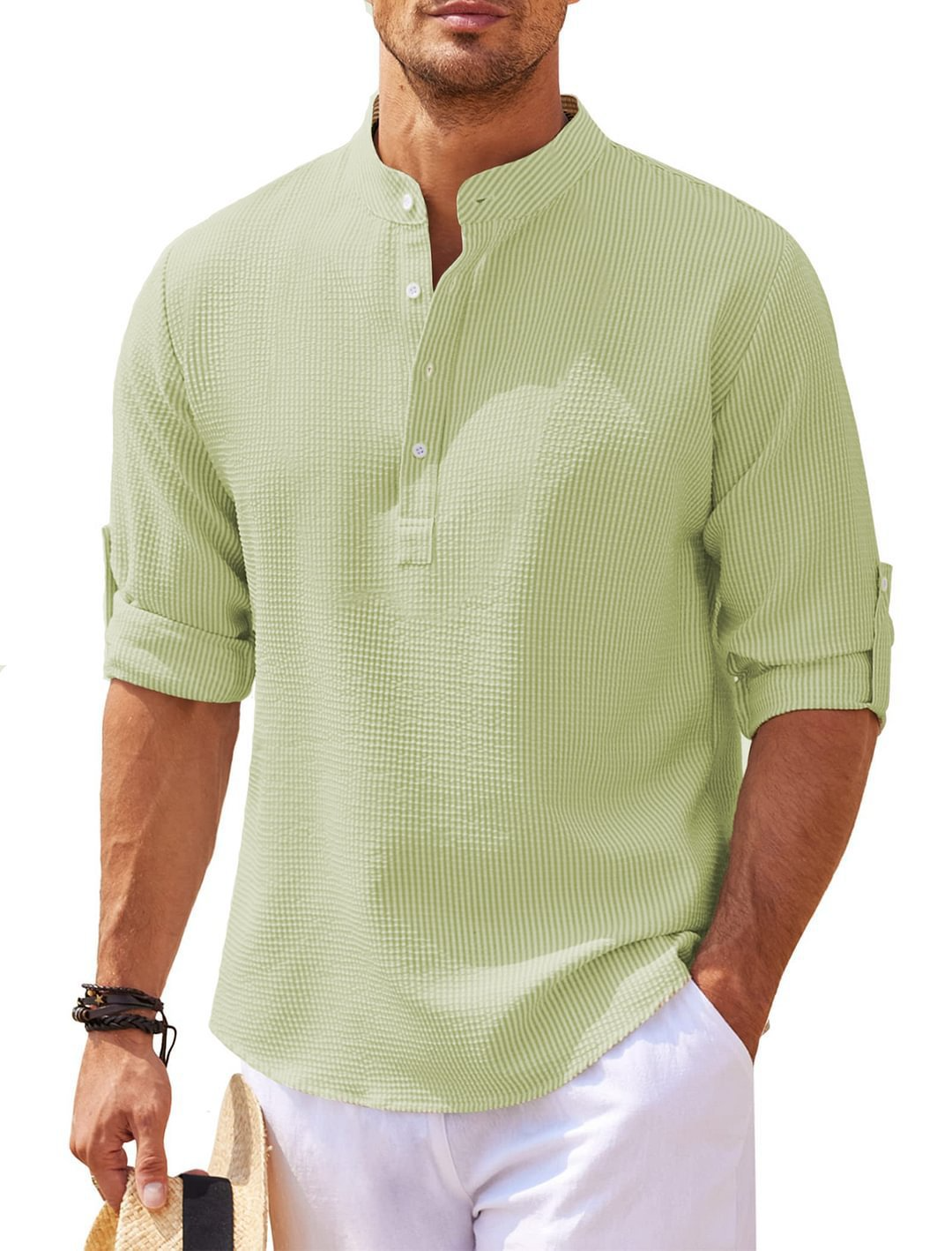 Men’s Pineapple Texture Stand Collar Shirt – Casual Short Sleeve Summer Button Shirt